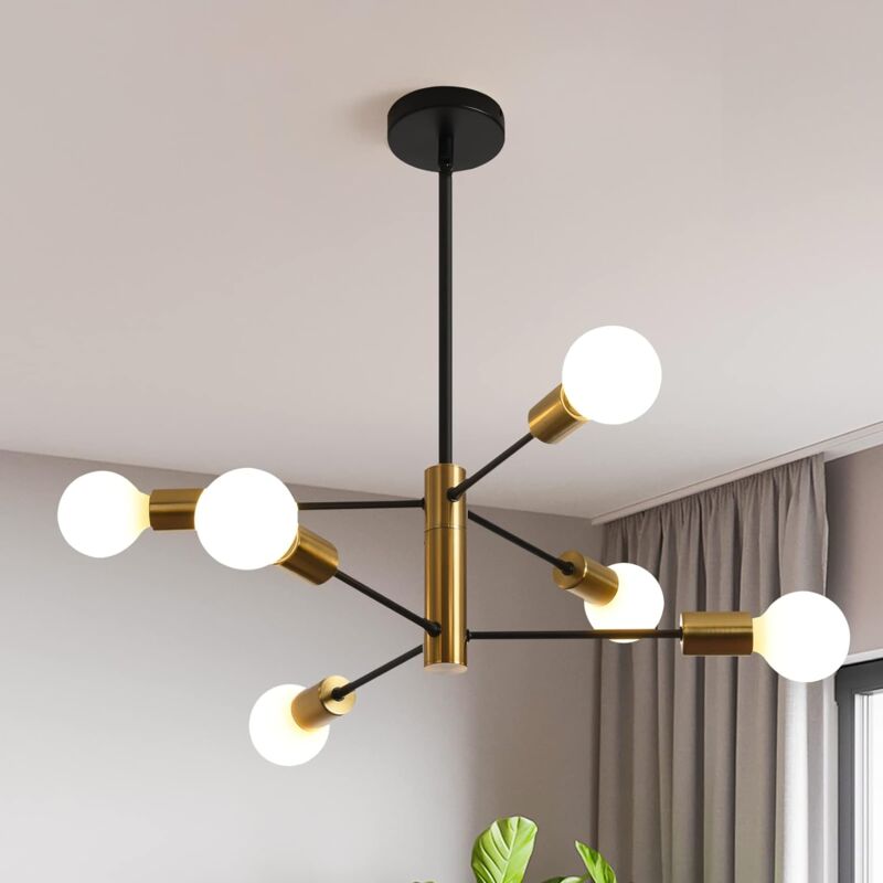 Image of Ganeed - Lampada a sospensione, lampadario moderno da soggiorno, base E27 a 8 luci nero-oro, lampadario industriale in metallo con regolazione della