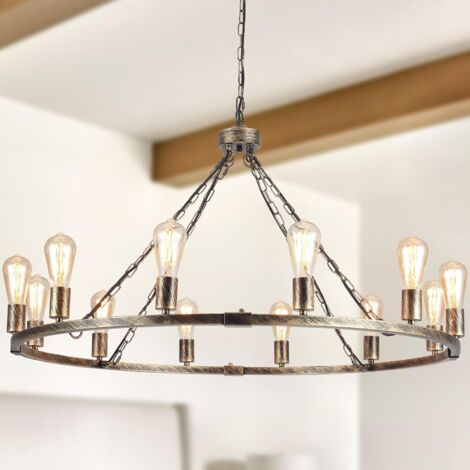 Ganeed Wagon Wheel Chandelier 12 Lights Vintage Chandeliers Gold Chandelier Ceiling Light for Kitchen Living Room Bedroom Hallway (Dia 100cm)