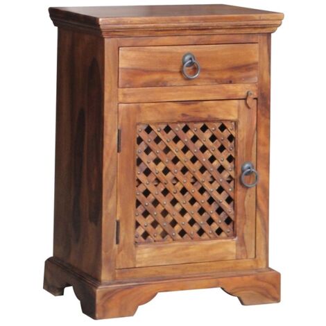 Ganga Latic Jali Bedside with Left Side Door - Sheesham Wood - L31 x W45 x H65 cm - Honey Dark Finish