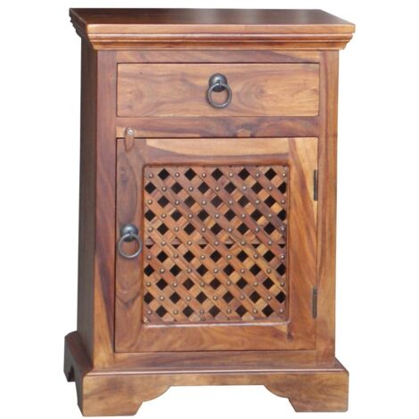 Ganga Latic Jali Bedside with Right Side Door - Sheesham Wood - L31 x W45 x H65 cm - Honey Dark Finish
