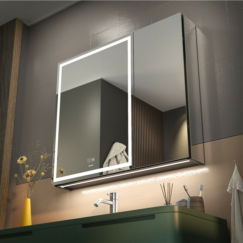 Led Armoire de Toilette à Avec Double Porte, Désembuage, Gradation Progressive, Mode Mémoire 3 Couleurs, étagères de Rangement, Prises de Courant et
