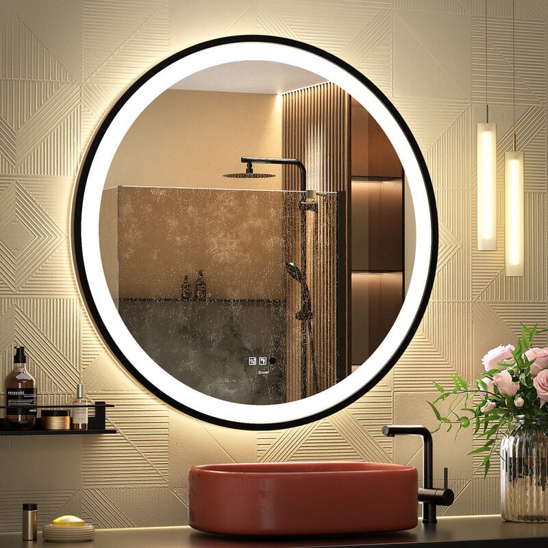 Ganpe - Miroir de courtoisie Rond à capteur led, avec éclairage à intensité Variable, Anti-buée, étanche IP44, pour Salle de Bain (60x60cm)