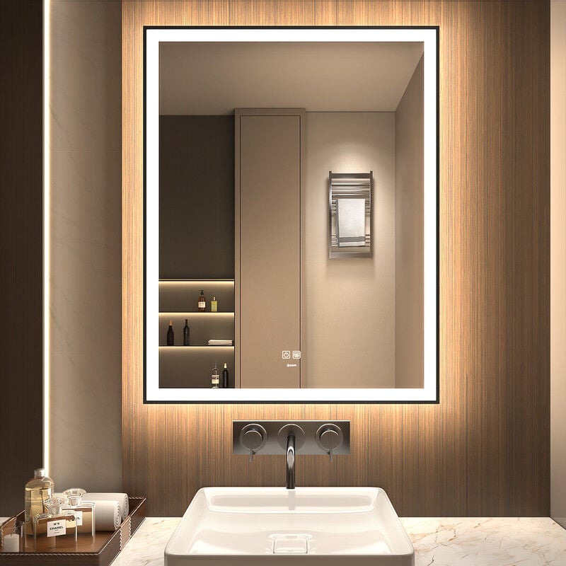 Ganpe - Miroir de salle de bain à led, miroir de courtoisie mural, grand miroir moderne sans cadre, anti-buée, étanche IP44, vertical et horizontal