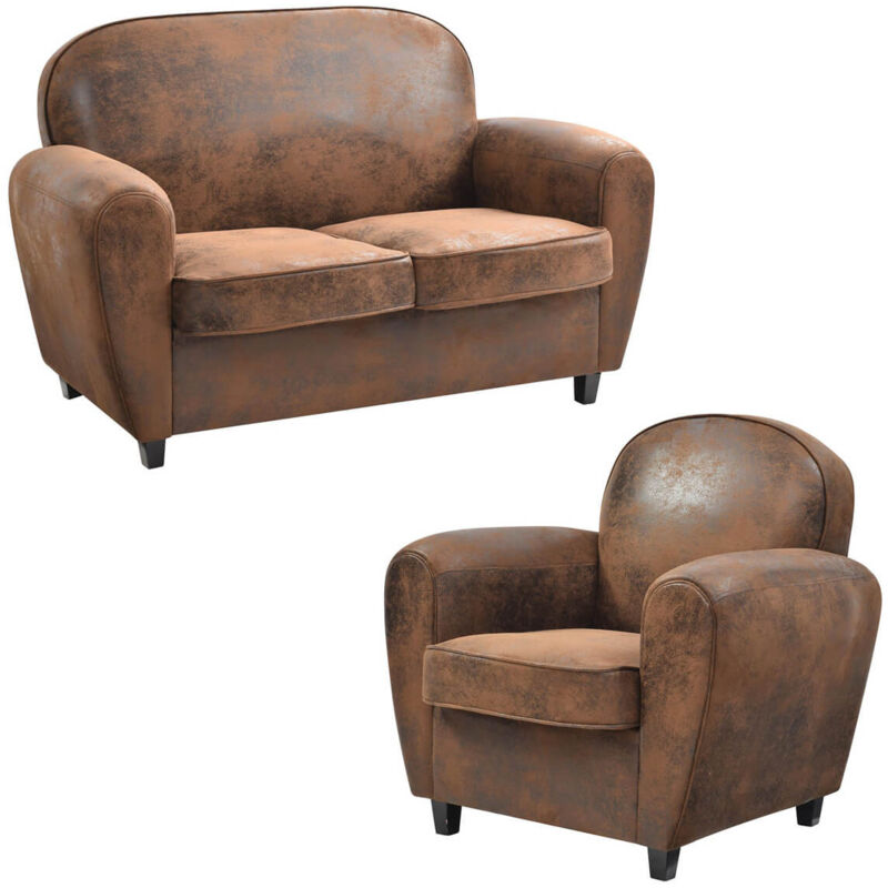 Altobuy - ganssi - Ensemble Fauteuil + Canapé 2P Marron Aspect Vieilli