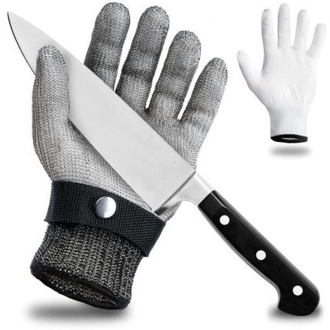 Gant anti-coupure en fil d'acier inoxydable - Grand confort et sécurité de coupe - Pratique, facile à nettoyer et apte au contact alimentaire - Gant en coton inclus (L)
