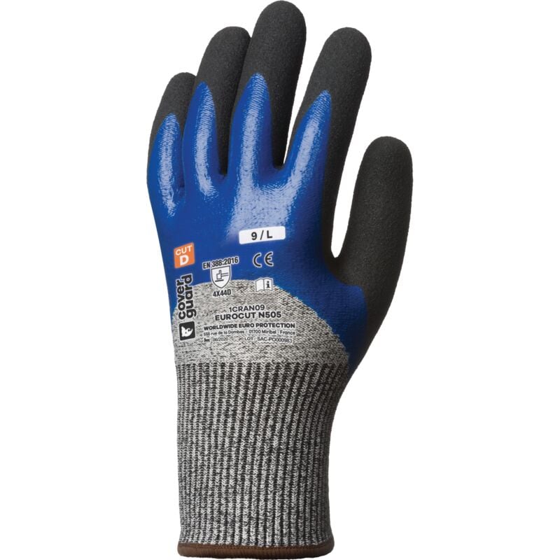 Lot de 5 - Gants anti-coupure double enduction EUROCUT N505 - Paume +3/4 dos Taille 10