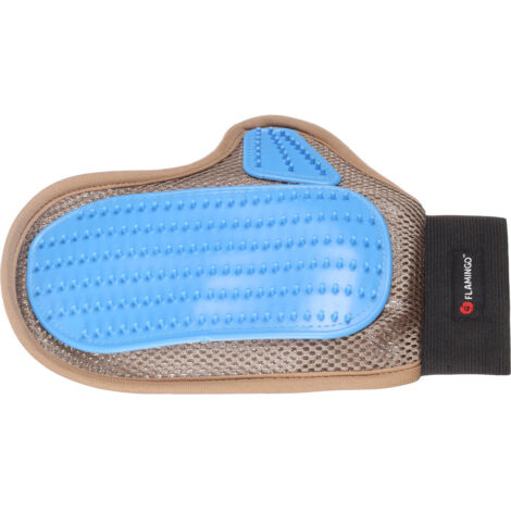 Gant de brossage picot plastique taupe et bleu pour chien et chat - Flamingo