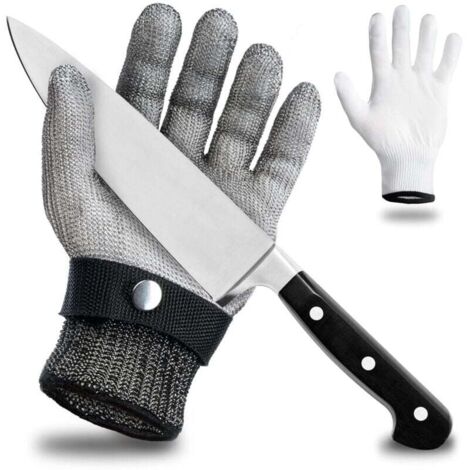 Gant de protection anti-coupure en fil d'acier inoxydable - grand confort & coupe sûre - pratique, facile à nettoyer & convient pour les aliments - gant en coton inclus (L)