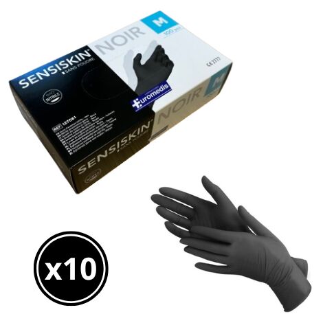 Gant d'examen en nitrile sensiskin noir sans poudre euromedis - lot de 10 boîtes de 100 gants - référence : 127561 - taille : M/8
