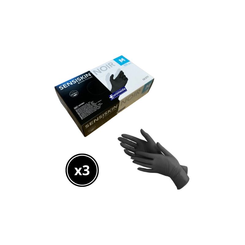 Gant d'examen en nitrile sensiskin noir sans poudre Euromedis lot de 3 boîtes de 100 gants - référence : 127561 - taille : M/8