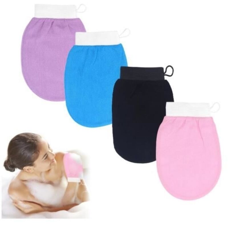 Gant Exfoliant, Lot de 4 Gants de Gommage pour le Corps, Douche Gants, Exfolie Efficacement la Peau Morte, Nettoyage en Profondeur