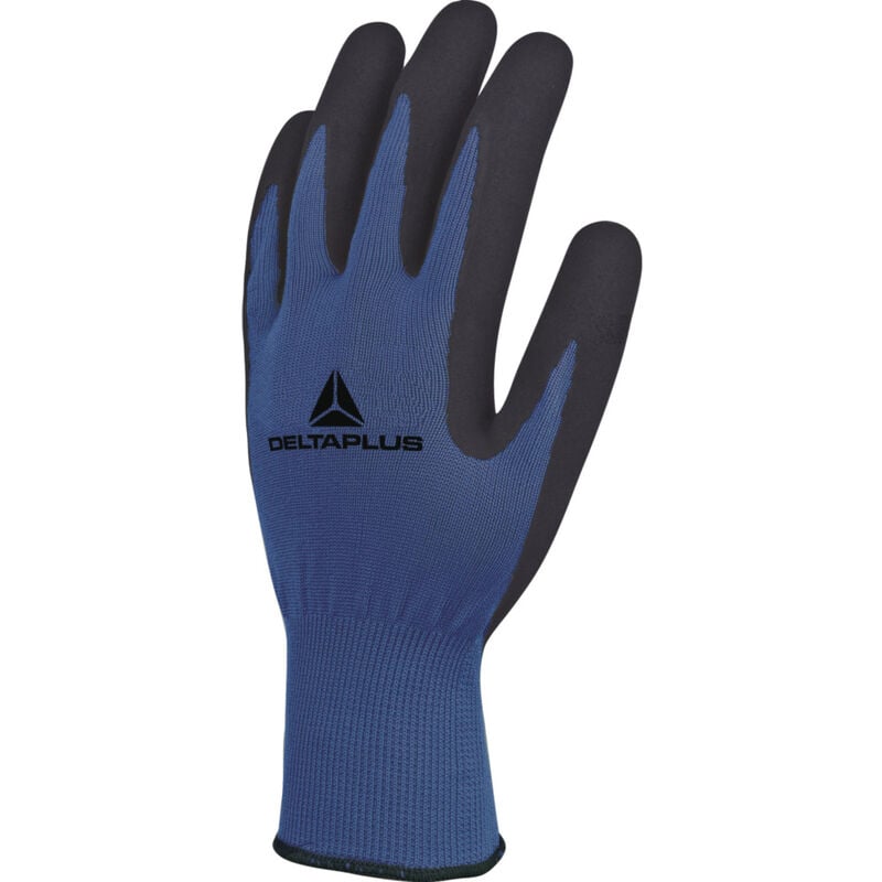Gant tricot polyester - bleu/noir - paume mousse latex - La paire T9