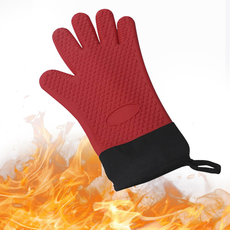 Gants Bbq Gants Isothermiques Resistant Grill Isole Mitaines Non-Slip Gants En Silicone Etanche Pour Cuisson Cuisson Fumeur Cheminee, Rouge