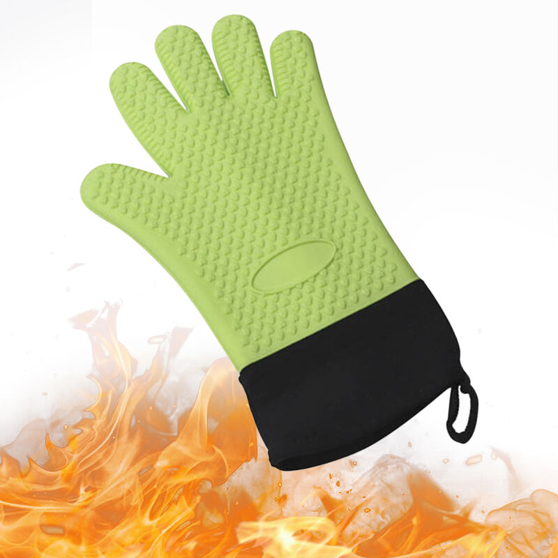 Gants Bbq Gants Isothermiques Resistant Grill Isole Mitaines Non-Slip Gants En Silicone Etanche Pour Cuisson Cuisson Fumeur Cheminee, Vert