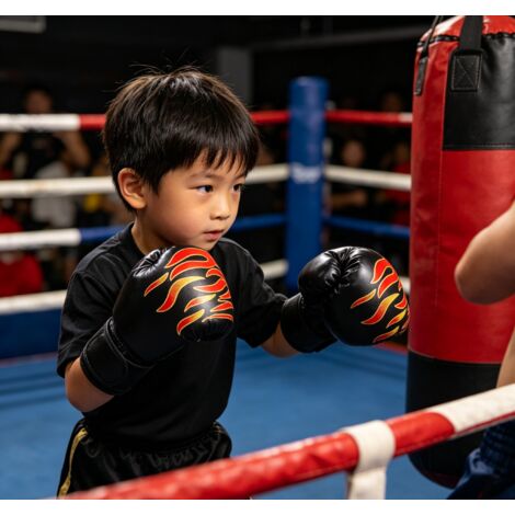 Gants boxe enfants 3-13 ans modèle flamme noir, pour kickboxing muay thai