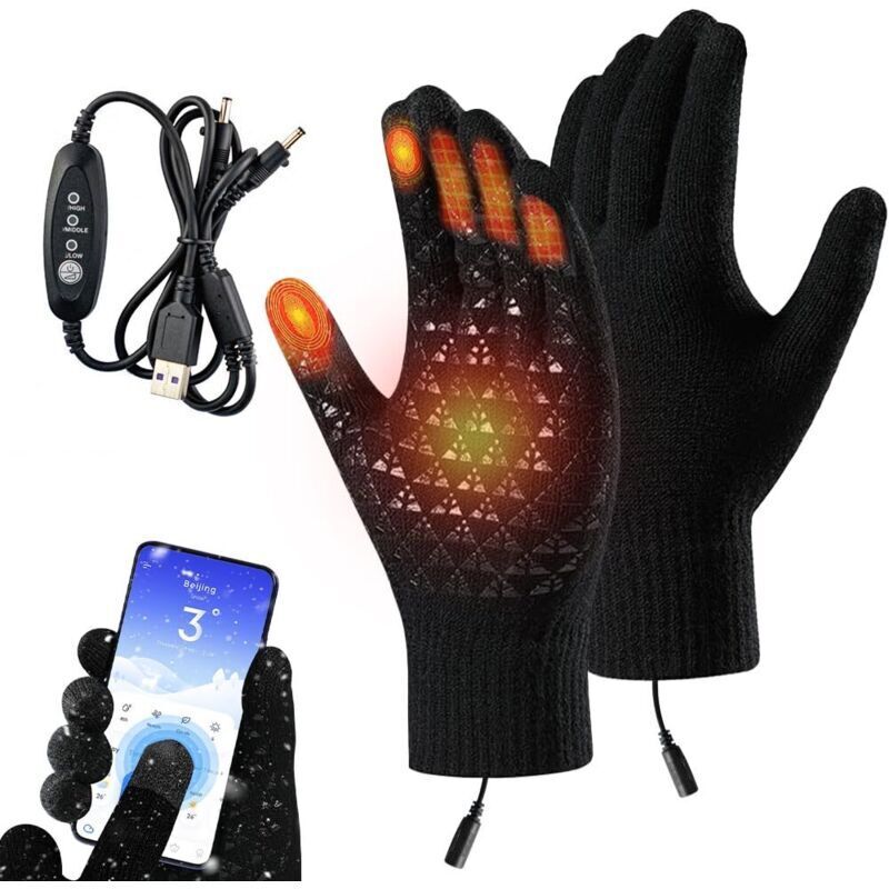 Gants chauffants USB 5V pour homme et femme – 3 températures réglables – Écran tactile – Tricot doux et flexible pour sports d'hiver