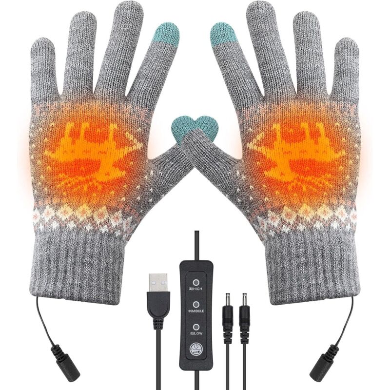 Gants chauffants USB pour hommes et femmes, gants chauffants d'hiver, gants chauffants tricotés avec 3 réglages de température, gants tactiles,