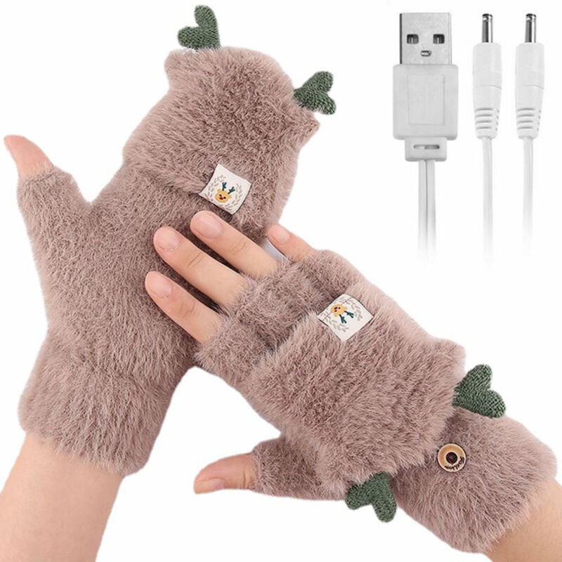 Gants chauffants USB sans doigts avec fourrure pour hommes et femmes
