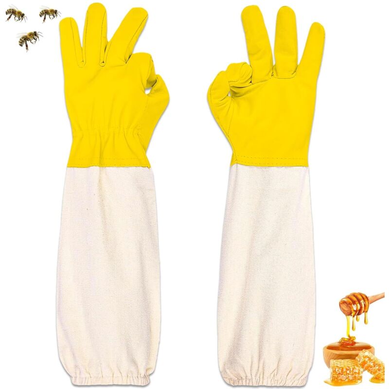 Gants D'apiculture en Peau de Chèvre,Gants Protégés pour Apiculteur à Manches Longues en Toile, Gants de Travail de Jardinage, Matériel Apicole