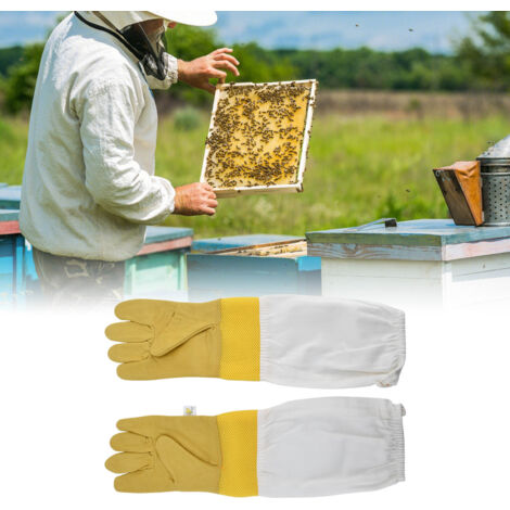 Gants d'Apiculture Paire XL en Cuir Simili et Toile Respirants avec Manches Longues pour Protection Maximale