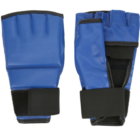 Gants de boxe en cuir PU respirants pour adultes - Entraînement au sac de frappe et au combat libre - Étiquette rouge sur fond bleu