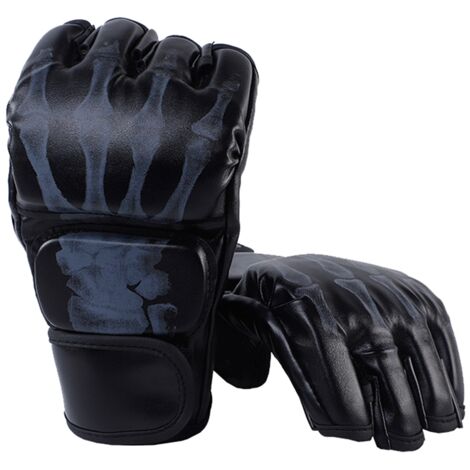 Gants de boxe mi-doigts style Ghost Hand, bande de poignet ajustable pour hommes et femmes - Noir