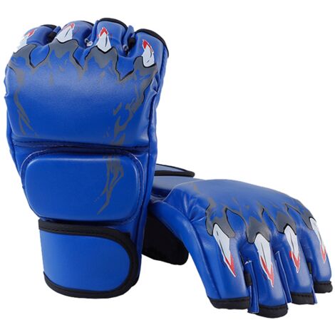 Gants de boxe mi-doigts style Griffe de tigre bleus, bande de poignet ajustable pour hommes et femmes - Idéaux kickboxing et entraînement.