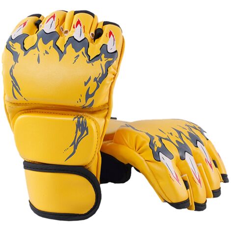 Gants de boxe mi-doigts style Griffe de tigre jaunes - Bandage de poignet ajustable pour hommes et femmes