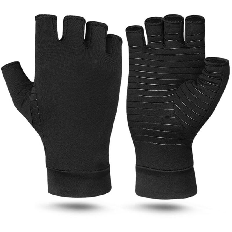 Gants de Compression en Cuivre pour Arthrite, Anti-Dérapants sans Doigts - Hommes et Femmes, Noir