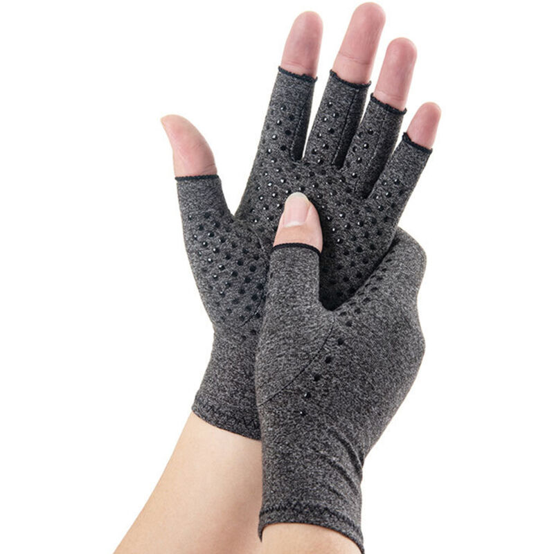 Gants de Compression Mi-Doigts pour Arthrite - Hommes et Femmes - Gris - Tour de Paume 16cm, Longueur 21cm