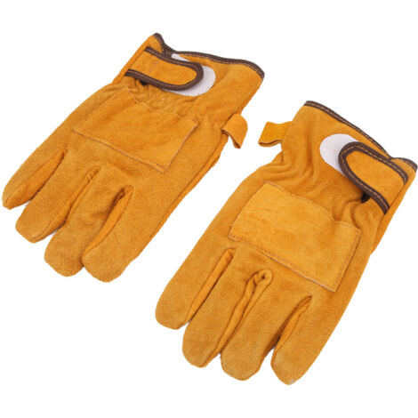 Gants de cuir ignifugés jaunes pour barbecue et four, protection thermique courte en polyester.