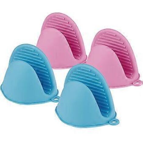 Gants de cuisine en silicone, lot de 4 (bleu + rose), maniques de cuisine en silicone, mini maniques de four résistantes à la chaleur