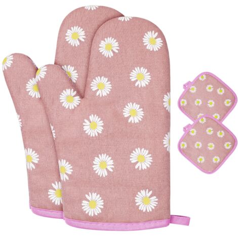 AOUGO Gants de Four, 1 Paire Gants de Cuisine Coton avec 2 Maniques Cuisine, Lavable Gant Cuisine Four, Gants de Cuisine Antidérapants, Gant Cuisine Anti Chaleur pour Barbecue, Cuisson (fleurs bleues) NPTER