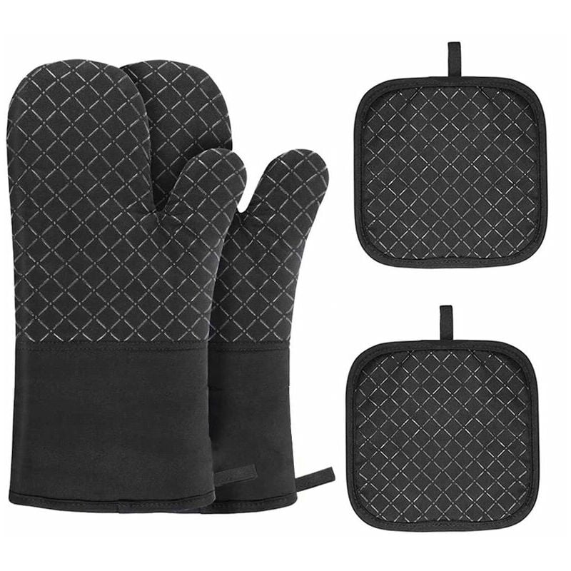 Gants de Four, 4 pcs Gants de Maniques Gants de Cuisine avec Tapis de Maniques Résistant à Chaleur Antidérapant Gant Four pour BBQ, Cuisiner, Cuire,
