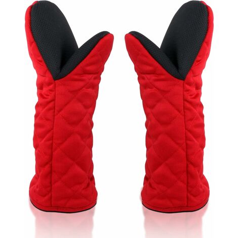 Gants de Four à la Chaleur,Gants Thermique Cuisine,Gants de Barbecue,Mitaine Four,Oven Gloves Double Coton,Anti Dérapant en Caoutchouc,Long Épais,Grillage Cuisson Pizza,260℃ Résistant,Une Paire,Rouge