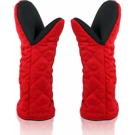 Gants de Four à la Chaleur,Gants Thermique Cuisine,Gants de Barbecue,Mitaine Four,Oven Gloves Double Coton,Anti Dérapant en Caoutchouc,Long Épais,Grillage Cuisson Pizza,260℃ Résistant,Une Paire,Rouge
