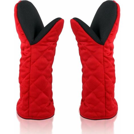 Gants de Four à la Chaleur,Gants Thermique Cuisine,Gants de Barbecue,Mitaine Four,Oven Gloves Double Coton,Anti Dérapant en Caoutchouc,Long Épais,Grillage Cuisson Pizza,260℃ Résistant,Une Paire,Rouge