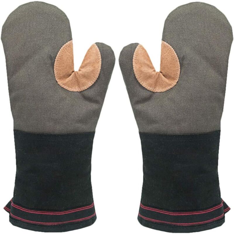 Gants de Four Double Mitaine Four,Cuir Gants de Barbecu Universel Gants de Cuisine Résistant à la Chaleur Long et Épais Coton Doux Oven Gloves pour c