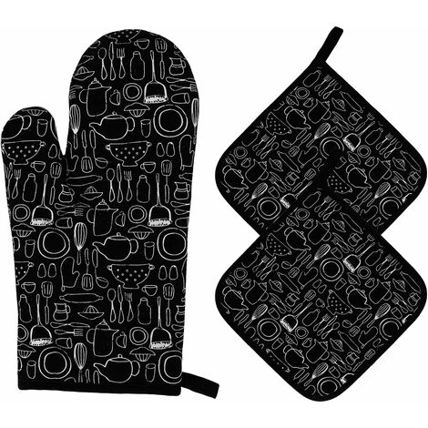 Gants de Four et Maniques Cuisine Résistant à la Chaleur Gants de Four en Coton Gants de Cuisson à Poignets Longs pour Griller, Cuisiner, Cuire, Micro-Ondes 3 Pièces (Noir)