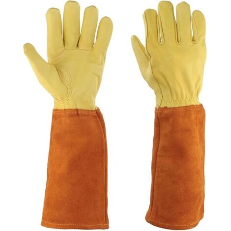 Gants de jardinage en cuir, unisexes, résistants aux épines, pour rosiers, manches longues, pour creuser, couleur beige