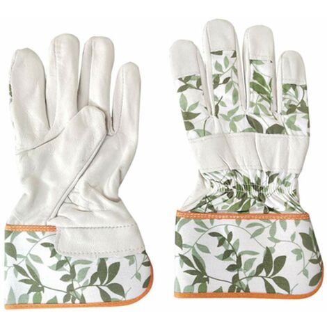 Gants de Jardinage Femme en Cuir Souple Gants de Jardin Rosiers Résistants aux Épines & Ronces Gants de Travail Confortable Respirant pour Travail, Jardin, Construction (Gants Courts, Feuilles)