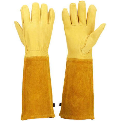Gants de jardinage Gauntlet pour femmes et hommes, gants d'élagage respirants pour roses avec gantelet anti-épines, manches longues en cuir de vachette durable Gants de jardin (L, Jaune)