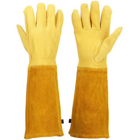 Gants de jardinage Gauntlet pour femmes et hommes, gants d'élagage respirants pour roses avec gantelet anti-épines, manches longues en cuir de vachette durable Gants de jardin (L, Jaune)