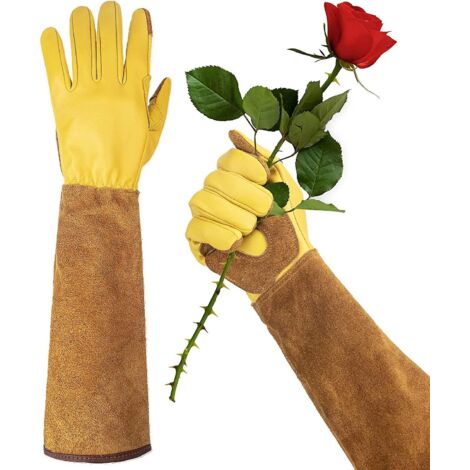 Gants de jardinage longs Kryc-woheer pour femmes, résistants aux épines, en cuir de vachette, pour la taille des rosiers, cactus, rosiers et mûriers - Marron - Moyen