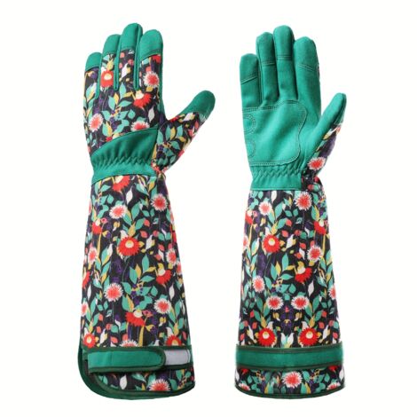 Gants de Jardinage Respirants à Manches Longues - Imprimé Floral (Fleurs Rouges/Faune Verte), Gants en Polyester Résistant avec Prise pour Désherbage, Plantation et Cueillette
