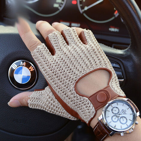 Gants de moto en cuir véritable pour hommes, automne et hiver, laine tricotée en peau de chèvre, pour écran tactile, pour conduite automobile,Khaki Fingerless,M