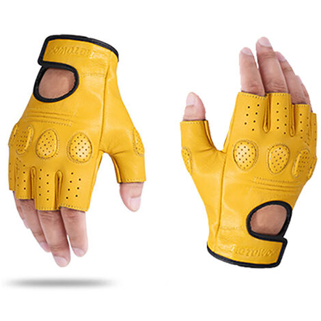 Gants de moto respirants en cuir de mouton rétro, gants de course de Motocross pour hommes, gants d&39hiver et d&39été pour demi-doigts, 2022,Yellow,M