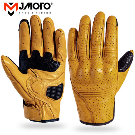 Gants de moto rétro en cuir pour hommes, pour conduire, pour motocyclette, résistants aux chocs, pour écran tactile, E-RIIL,Yellow,L,CHINA