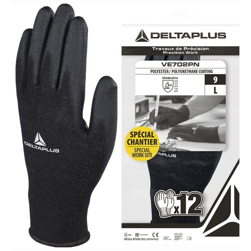 LOTX12 gant preci polyes endui PU10 polyest enduit pu paume et bout dgt Delta Plus VE702PNG1210