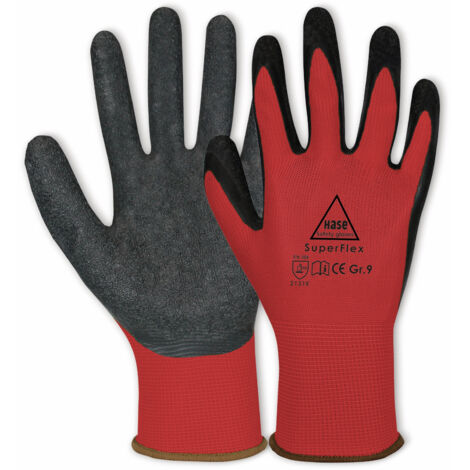 GANTS DE SÉCURITÉ HASE Gants de travail en latex Superflex, EN 388, EN 420, taille 9, rouge/noir